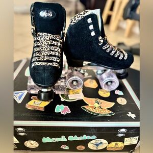 Moxi Black Suede Roller Skates with Leopard Accents
